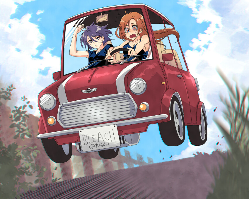 2girls, bare_shoulders, bleach, blue_sky, brown_eyes, brown_hair, car, cloud
