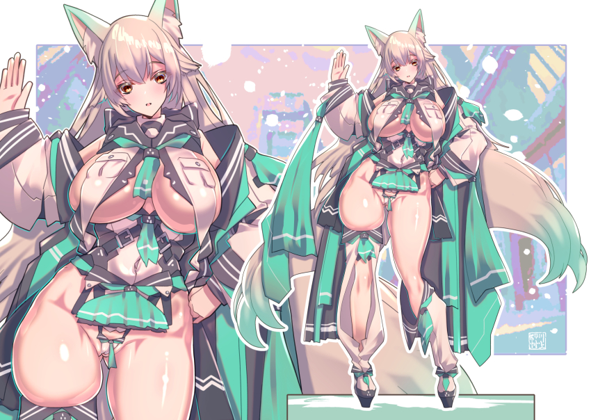 1girl, animal_ear_fluff, animal_ears, black_footwear, blonde_hair, blush, breast_curtains, breasts
