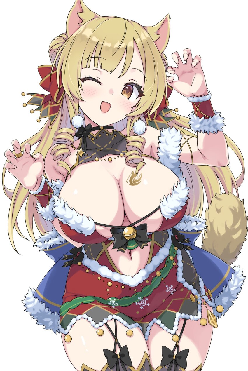 1girl, ;d, animal_ears, arm_up, assault_lily, back_bow, bare_shoulders, bell