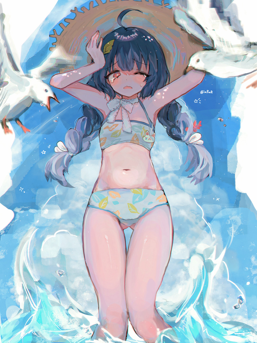 1girl, absurdres, ahoge, albatross, armpits, bikini, bird, black_hair