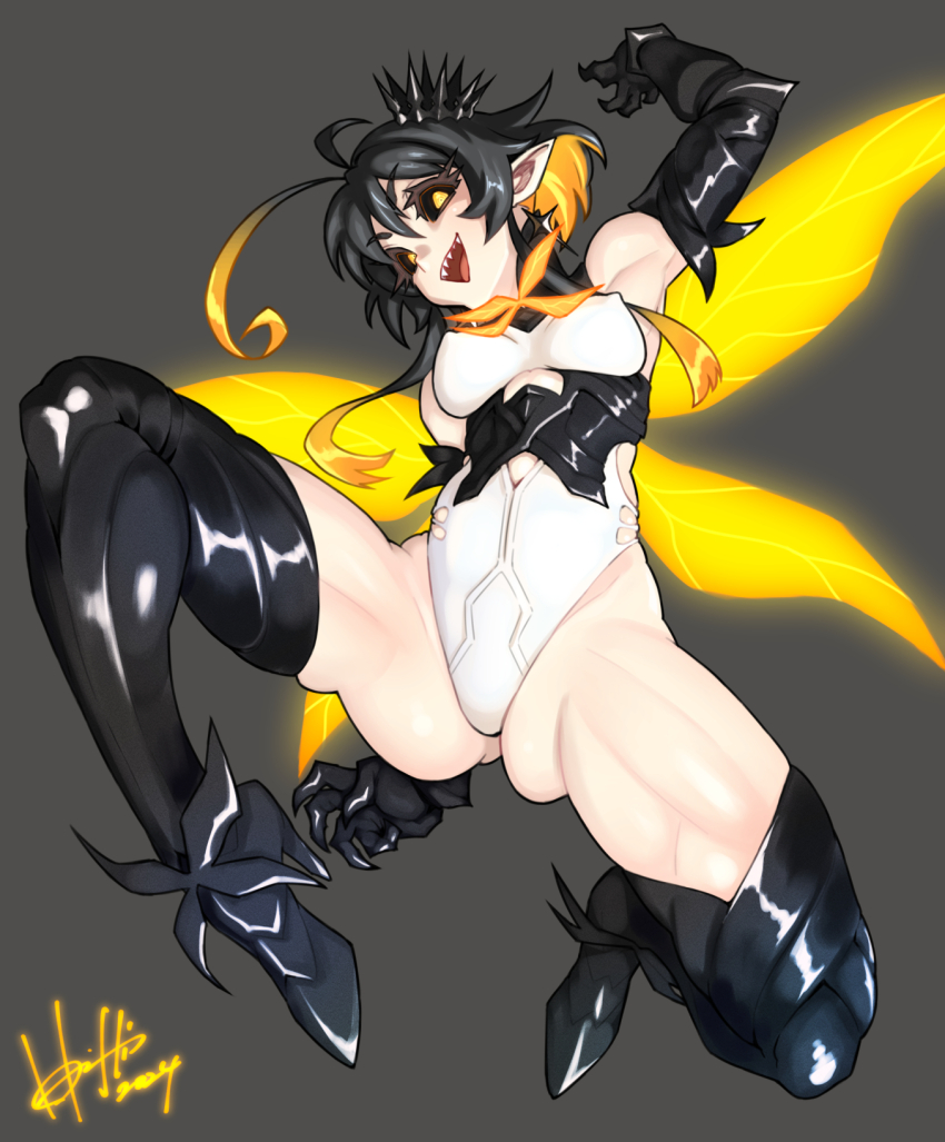 1girl, ahoge, arm_up, arthropod_girl, bare_shoulders, bee_girl, bee_wings, black_footwear