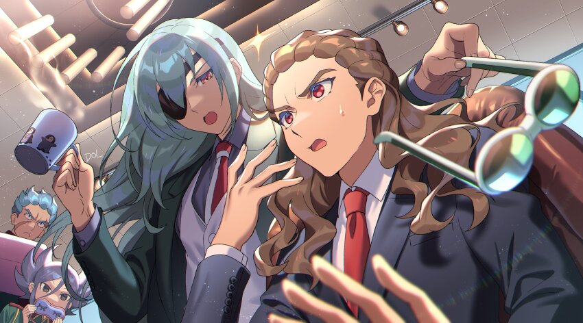 4boys, black_jacket, blue_hair, blue_shirt, brown_hair, coffee_mug, collared_shirt, cup