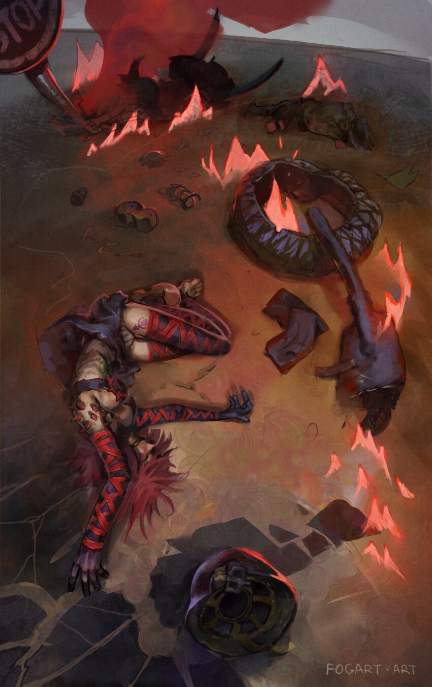 absurdres, bra, car_crash, chaos_(warhammer), closed_eyes, cultist-chan, fire, fogartart