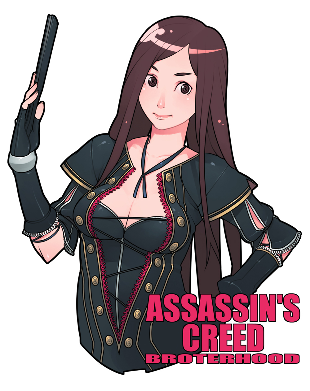 1girl, assassin's_creed, assassin's_creed:_brotherhood, assassin's_creed_(series), breasts, brown_eyes, brown_hair, cleavage, female_focus, fingerless_gloves, fiora_cavazza, folded_fan, folding_fan, g-room_honten, gloves, hand_fan, highres, long_hair, medium_breasts, solo, the_courtesan