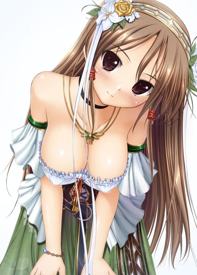 1girl, aiyoku_no_eustia, bare_shoulders, bekkankou, blush, breasts, brown_eyes, brown_hair, choker, cleavage, covered_erect_nipples, eris_floraria, female_focus, flower, hair_flower, hair_ornament, hair_tubes, hairband, hanging_breasts, head_tilt, jewelry, jpeg_artifacts, large_breasts, leaning_forward, long_hair, mikuni_mizuki, necklace, smile, solo