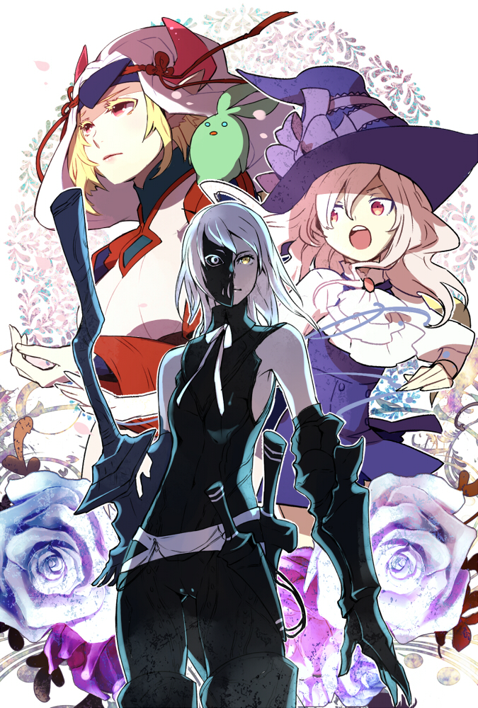 3girls, ahoge, bad_id, bad_pixiv_id, blonde_hair, dress, flat_chest, flower