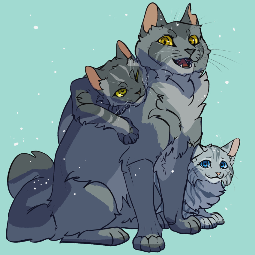 :3, animal, animal_focus, aqua_background, baby_animal, blue_eyes, brother_and_sister, cat, commentary, family, family_bonding, father_and_child, father_and_daughter, father_and_son, feathertail, fugu_(fugusunburst55), graystripe, grey_cat, grey_fur, highres, hug, kitten, no_humans, open_mouth, parent_and_child, siblings, simple_background, sitting, smile, snowing, stormfur, the_prophecies_begin, warrior_cats, whiskers, yellow_eyes
