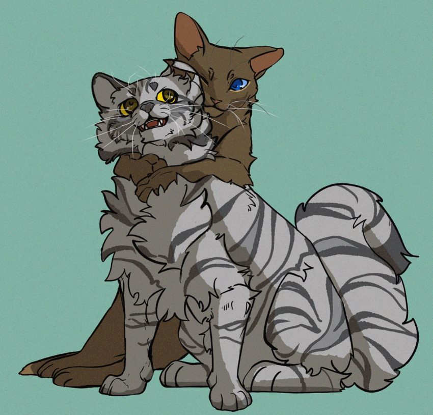 :3, animal, animal_focus, aqua_background, blue_eyes, briarlight, brother_and_sister, brown_cat, brown_fur, bumblestripe, cat, commentary, family_bonding, fugu_(fugusunburst55), grey_cat, grey_fur, highres, hug, looking_at_another, no_humans, omen_of_the_stars, one_eye_closed, open_mouth, siblings, simple_background, sitting, smile, warrior_cats, whiskers, yellow_eyes