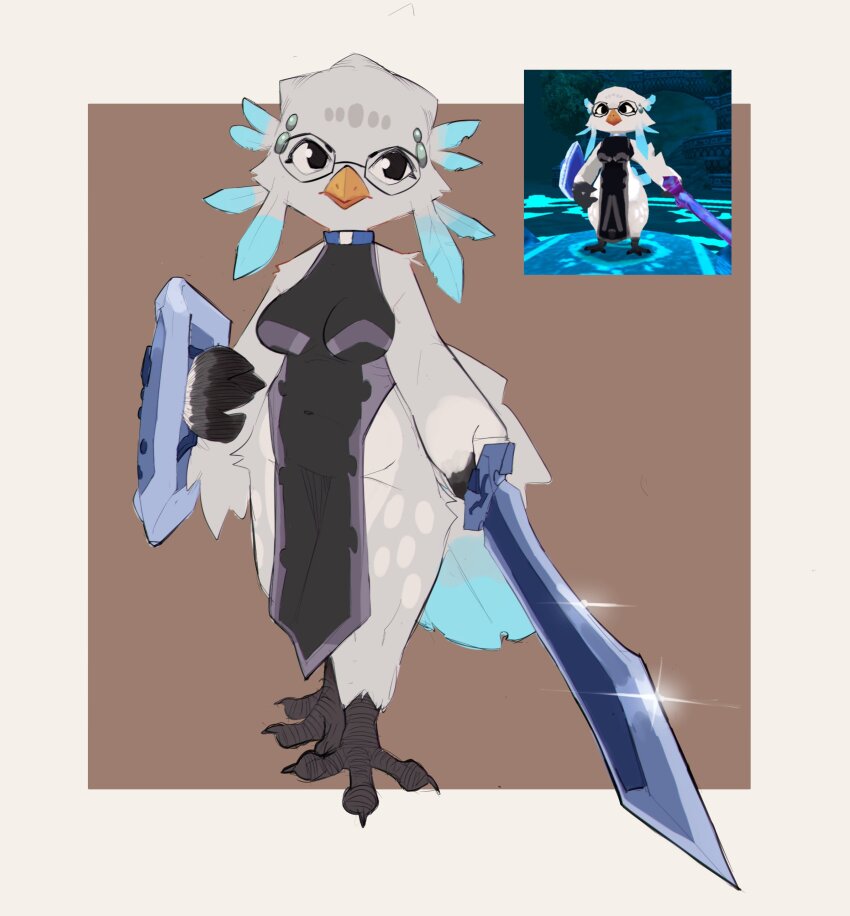 1girl, absurdres, aqua_feathers, atlyss, beak, bird_girl, bird_tail, black_dress, black_eyes, black_feathers, black_skin, border, breasts, brown_background, byrdle_(atlyss), choker, clawed_feet, colored_skin, commentary, dress, english_commentary, expressionless, feathers, glasses, glint, grey_feathers, grey_trim, highres, holding, holding_shield, holding_sword, holding_weapon, looking_outside, medium_breasts, pear-shaped_figure, player_character_(atlyss), reference_inset, ribbon_choker, shield, solo, square, sword, tail, weapon, white_border, wide_hips, yukinoodle