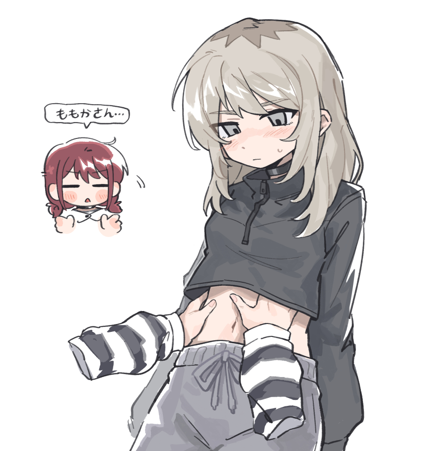 2girls, black_jacket, blush, chinese_commentary, closed_eyes, closed_mouth, commentary_request, girls_band_cry, grey_eyes, grey_hair, grey_pants, hands_on_another's_stomach, highres, iseri_nina, jacket, kawaragi_momoka, long_hair, multicolored_hair, multiple_girls, open_mouth, pants, red_hair, revision, roots_(hair), shirt, short_twintails, simple_background, striped_clothes, striped_shirt, sweatdrop, sweatpants, translated, tutai, twintails, white_background, yuri