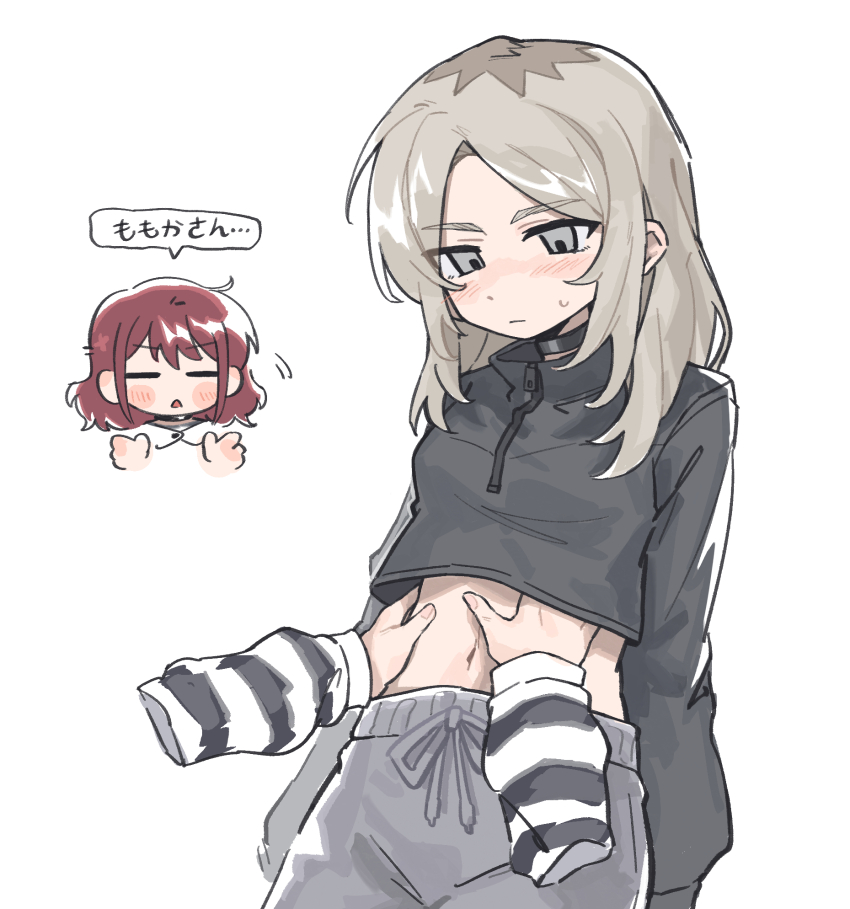 2girls, black_jacket, blush, chinese_commentary, closed_eyes, closed_mouth, commentary_request, girls_band_cry, grey_eyes, grey_hair, grey_pants, hair_down, hands_on_another's_stomach, highres, iseri_nina, jacket, kawaragi_momoka, long_hair, multicolored_hair, multiple_girls, open_mouth, pants, red_hair, revision, roots_(hair), shirt, short_twintails, simple_background, striped_clothes, striped_shirt, sweatdrop, sweatpants, translated, tutai, twintails, white_background, yuri