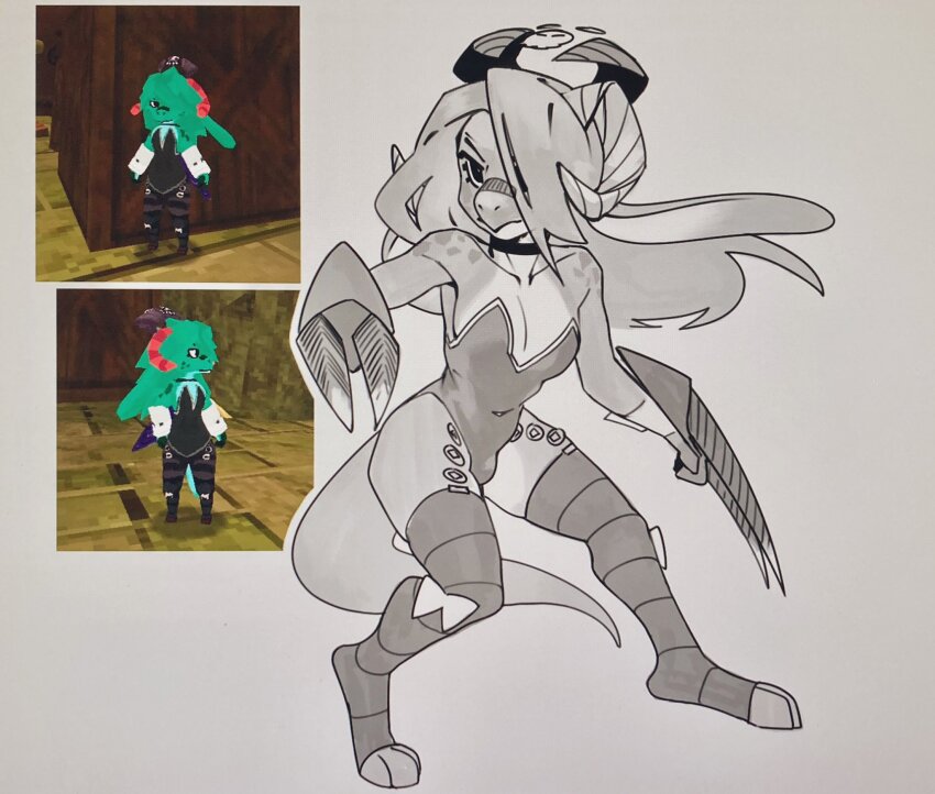 1girl, atlyss, breasts, choker, cleavage, commentary, dagger, english_commentary