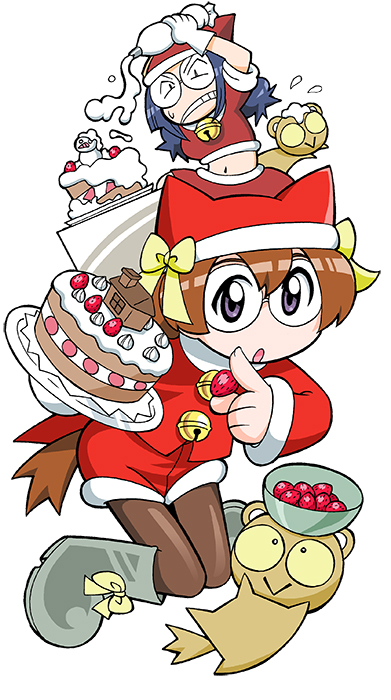 :>, aina_(toranoana), alternate_costume, angry, animal_ears, animal_hat, bell, black_eyes, black_outline, boots, bow, bowl, braid, bright_pupils, brown_fur, brown_pantyhose, brown_tail, cake, cat_ears, cat_hat, christmas, clenched_teeth, coattails, colored_sclera, cub, fake_animal_ears, fingernails, flying_sweatdrops, food, footwear_bow, fruit, full_body, gingerbread_house, glasses_kauberu_kotora, gloves, green_sclera, grey_footwear, hat, hat_bow, holding, holding_food, holding_pastry_bag, holding_plate, icing, jingle_bell, kauberu_kotora, knees_together_feet_apart, long_hair, low-braided_long_hair, low-tied_long_hair, midriff, mukku_(mook-tv), navel, neck_bell, official_art, open_mouth, outline, pantyhose, pastry_bag, plate, puffy_shorts, purple_eyes, red_shirt, red_shorts, red_skirt, red_sleeves, rimless_eyewear, round_eyewear, rubber_boots, santa_hat, second-party_source, shirt, short_sleeves, shorts, simple_background, skirt, sleeves_past_wrists, small_pupils, smilo_(toranoana), snowman, straight_hair, strawberry, sweatdrop, tailcoat, teeth, tiger, tora_da_yo., toranoana, twin_braids, twintails, v-shaped_eyebrows, white_background, white_gloves, white_pupils, white_trim, yellow_bow