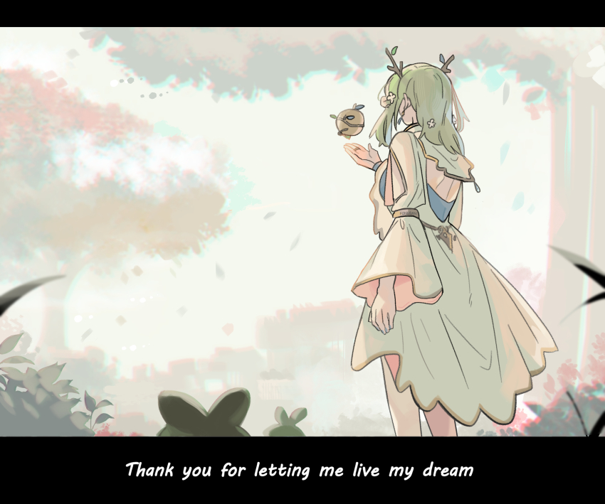 1girl, antlers, apple, arm_cutout, asymmetrical_legwear, bridal_gauntlets, capelet, ceres_fauna