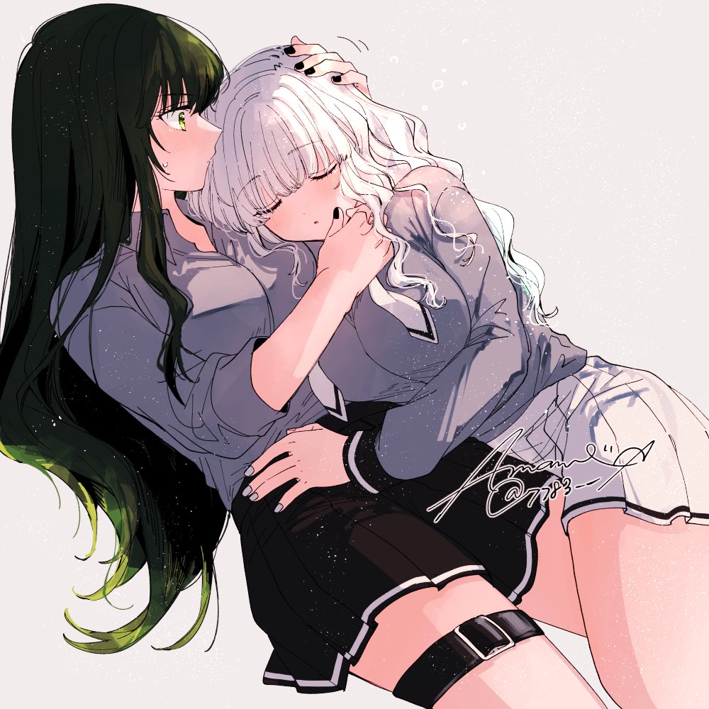 2girls, amane_(7783), black_nails, black_skirt, closed_eyes, collared_shirt, commentary, green_eyes, green_hair, grey_background, grey_shirt, hand_in_another's_hair, long_hair, multiple_girls, original, parted_lips, pleated_skirt, shirt, signature, simple_background, skirt, sweatdrop, thick_back_hair, thigh_strap, white_hair, white_skirt, yuri