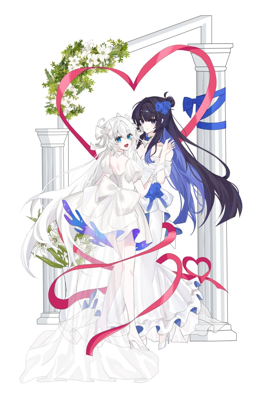 2girls, alternate_costume, black_hair, blue_eyes, blue_flower, blue_hair, blue_rose, bow