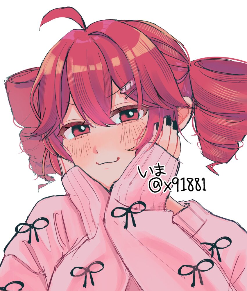 1girl, absurdres, ahoge, alternate_costume, black_nails, blush, double-parted_bangs, drill_hair