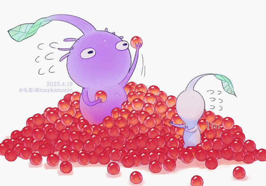 artist_name, berry, black_eyes, colored_skin, commentary_request, creature, creature_focus, dated, flying_sweatdrops, food, fruit, height_difference, highres, holding, holding_food, holding_fruit, leaf, looking_at_food, maykamonin, motion_lines, nintendo, no_humans, no_mouth, outstretched_arms, pikmin_(creature), pikmin_(series), pile, purple_hair, purple_pikmin, purple_skin, shadow, short_hair, simple_background, standing, very_short_hair, white_background, white_pikmin, white_skin