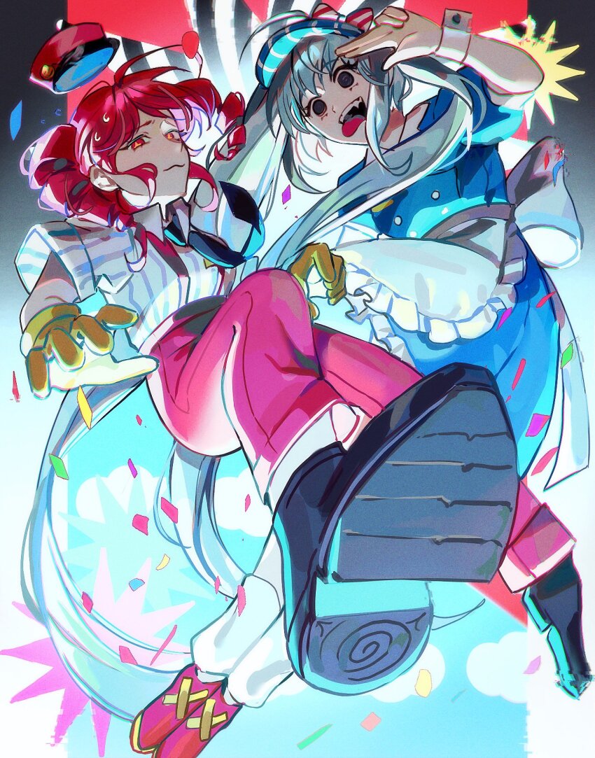 2girls, :3, ahoge, apron, black_background, black_eyes, black_footwear, black_necktie, blue_dress, blue_hair, blue_hat, blue_sky, closed_mouth, collared_shirt, confetti, dress, drill_hair, flat_chest, foot_out_of_frame, gloves, hat, hatsune_miku, highres, kasane_teto, kepi, kneehighs, layered_dress, long_hair, looking_at_viewer, mesmerizer_(vocaloid), military_hat, multiple_girls, nahuhnaur, necktie, open_mouth, pants, parted_bangs, pinstripe_hat, pinstripe_pattern, platform_footwear, red_eyes, red_footwear, red_hair, red_hat, red_pants, sharp_teeth, shirt, shoes, short_sleeves, sky, sleeves_rolled_up, smiley_hair_ornament, socks, solid_oval_eyes, striped_clothes, striped_shirt, suspenders, sweatdrop, teeth, tongue, tongue_out, twin_drills, twintails, upper_teeth_only, utau, very_long_hair, visor_cap, vocaloid, waist_apron, white_apron, white_socks, white_wrist_cuffs, wing_collar, wrist_cuffs, yellow_gloves