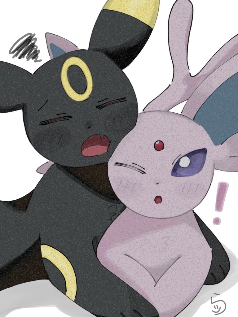 animal_focus, blush, closed_eyes, espeon, fang, forehead_jewel, forked_tail, gen_2_pokemon, nintendo, no_humans, open_mouth, pokemon, pokemon_(creature), purple_eyes, raidayo_39, shadow, tail, umbreon, white_background