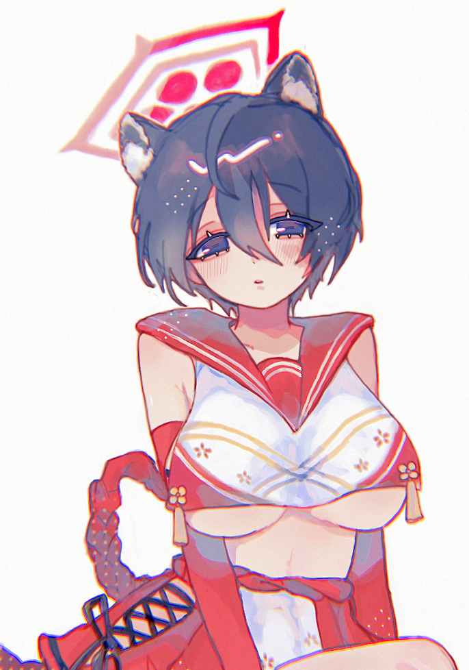 1girl, animal_ears, back_bow, black_hair, blue_archive, blush, bow, breasts