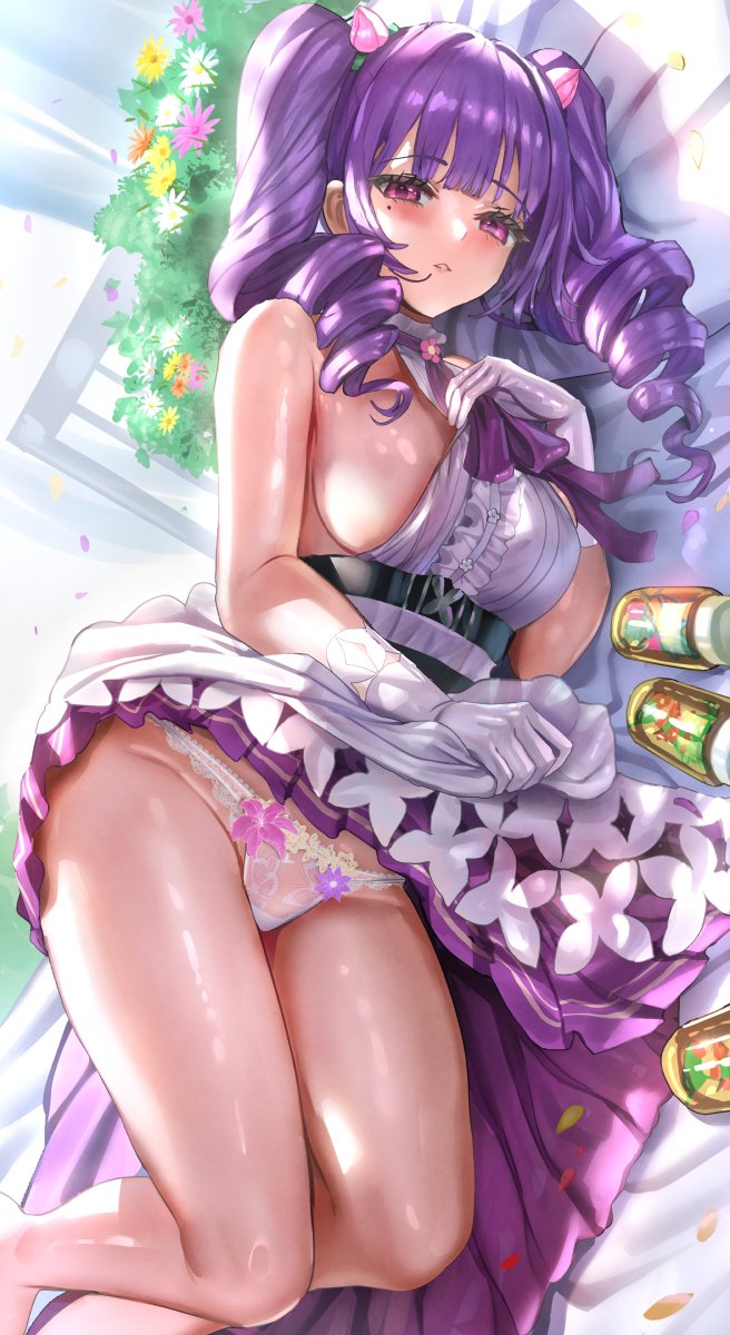 1girl, armpit_crease, bare_legs, belt, black_belt, blunt_bangs, blush, breasts, clothes_lift, commentary, dress, dress_lift, drill_hair, dutch_angle, falling_petals, feet_out_of_frame, flora_(nikke), flower, flower_panties, gloves, goddess_of_victory:_nikke, hair_intakes, hand_on_own_chest, highres, himonoata, indoors, lace, lace_panties, large_breasts, long_hair, looking_at_viewer, lotus_hair_ornament, lying, mole, mole_under_eye, on_bed, on_side, orange_flower, panties, parted_lips, petals, pink_eyes, pink_flower, purple_dress, purple_flower, purple_hair, purple_ribbon, ribbon, shiny_skin, sideboob, sleeveless, sleeveless_dress, solo, twin_drills, two-tone_dress, underwear, white_dress, white_gloves, white_panties, yellow_flower