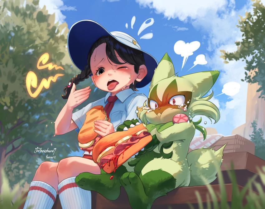 1girl, absurdres, blue_hat, blue_shirt, blue_sky, braid, brown_hair, commentary