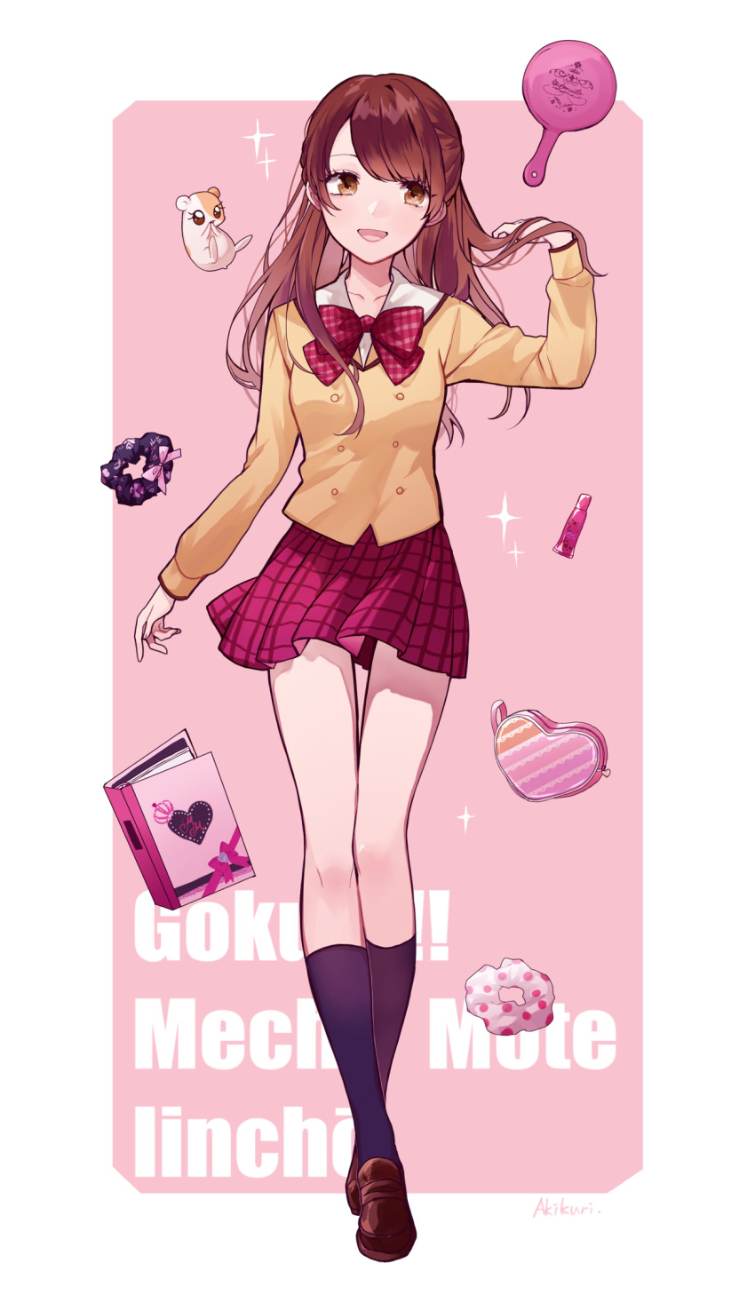 1girl, akikuriii, black_socks, border, bow, bowtie, brown_eyes, brown_hair, brown_shoes, commentary_request, copyright_name, diary, full_body, gokujou!!_mecha_mote_iinchou, hamster, highres, kitagami_mimi, loafers, long_hair, pink_background, plaid_clothes, plaid_skirt, red_bow, red_bowtie, red_skirt, school_uniform, scrunchie, serafuku, shoes, skirt, socks, solo, standing, temotemo, white_border
