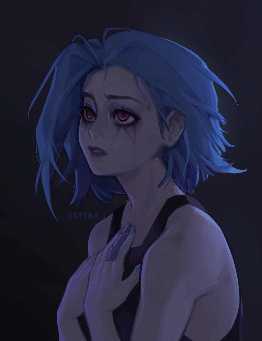 1girl, absurdres, arcane:_league_of_legends, arcane_jinx, bare_shoulders, black_background, blue_hair, ektera_dev, from_side, highres, jinx_(league_of_legends), league_of_legends, makeup, nail_polish, no_tattoo, pink_eyes, pink_nails, red_lips, runny_makeup, simple_background, solo, teeth, upper_body