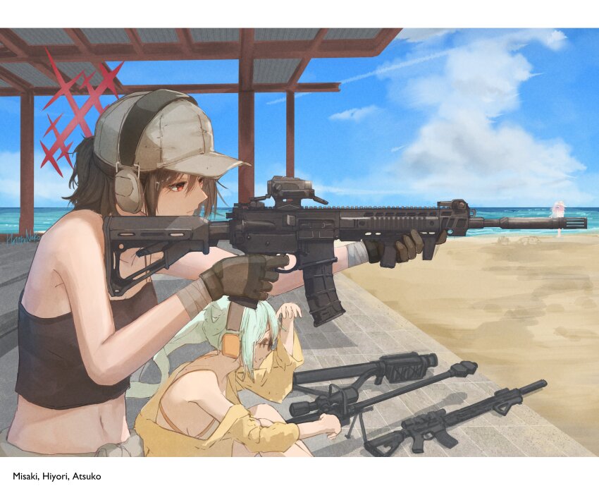 2girls, absurdres, aiming, anti-materiel_rifle, aqua_hair, ar-15, assault_rifle, bandages, baseball_cap, beach, bipod, black_hair, blue_archive, blue_sky, cloud, day, ear_protection, fim-92_stinger, gun, halo, hat, hetare_galm_sue, highres, hiyori_(blue_archive), holding, holding_gun, holding_weapon, long_hair, misaki_(blue_archive), multiple_girls, ntw-20, ocean, outdoors, red_eyes, rifle, rocket_launcher, sand, scope, shooting_range, short_hair, side_ponytail, sky, sniper_rifle, weapon