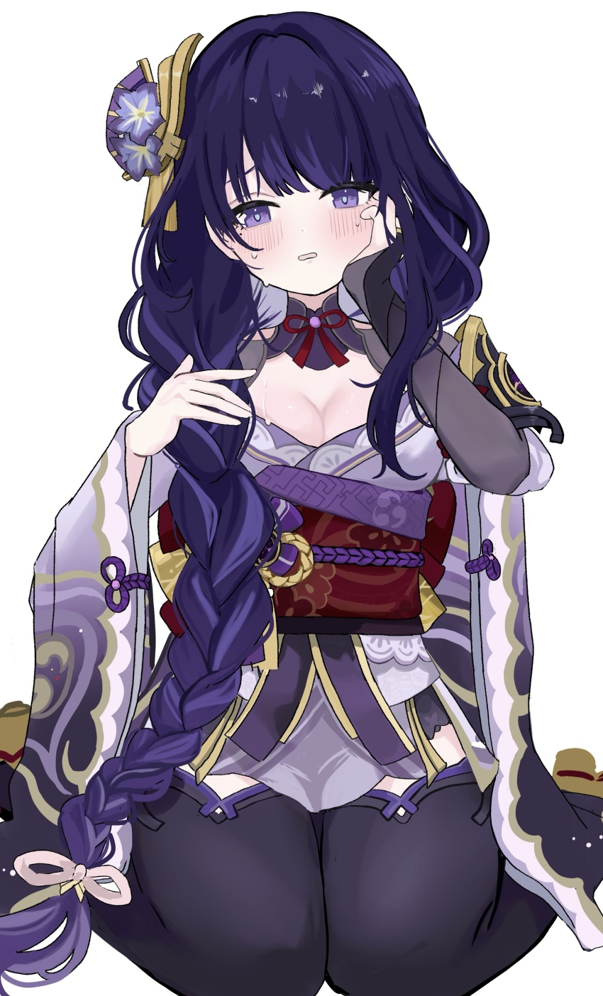 1girl, absurdres, armor, asymmetrical_sleeves, back_bow, black_panties, black_thighhighs, blue_pupils, blunt_bangs, blush, bow, braid, breasts, bridal_gauntlets, cleavage, clothing_cutout, commentary_request, genshin_impact, hair_ornament, hair_over_shoulder, hair_ribbon, hand_on_own_cheek, hand_on_own_face, hands_up, head_tilt, highres, japanese_clothes, kimono, large_breasts, long_braid, long_hair, mitsudomoe_(shape), mole, mole_under_eye, multicolored_hair, neck_ribbon, off_shoulder, open_mouth, panties, potepote_lp, purple_eyes, purple_hair, purple_kimono, purple_ribbon, raiden_shogun, red_ribbon, red_sash, ribbon, sash, shoulder_armor, shoulder_cutout, simple_background, single_braid, sitting, solo, streaked_hair, thick_thighs, thighhighs, thighs, tomoe_(symbol), underwear, uneven_sleeves, wariza, white_background, wide_sleeves