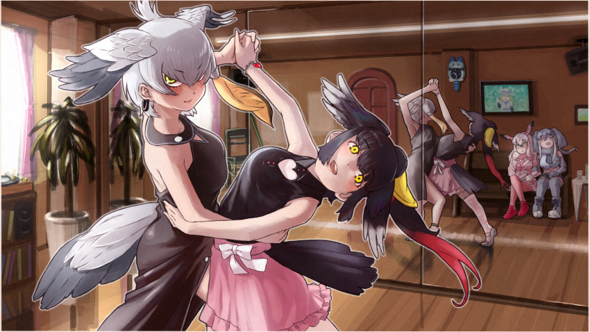 5girls, absurdres, african_elephant_(kemono_friends), alternate_costume, arm_up, backless_dress, backless_outfit, bare_arms, bare_shoulders, bird_girl, bird_tail, bird_wings, black_dress, black_shirt, bow, clock, clothing_cutout, cropped_shirt, crossed_arms, curtains, dance_studio, dancing, dress, drooling, earrings, flat_screen_tv, floating_hair, flower_pot, greater_flamingo_(kemono_friends), green_eyes, grey_hair, hand_on_another's_waist, head_wings, heart_cutout, high_ponytail, highres, holding_hands, hoop_earrings, indoors, jacket, jewelry, kemono_friends, kemono_friends_3, long_hair, long_sleeves, looking_at_another, lucky_beast_(kemono_friends), miniskirt, mirai_(kemono_friends), mirror, mouth_drool, multicolored_hair, multiple_girls, necktie, orange_hair, pantyhose, phonograph, pink_skirt, plant, ponytail, potted_plant, red_hair, reflection, saddlebilled-stork_(kemono_friends), scarf, shirt, shoebill_(kemono_friends), shoes, shorts, side_ponytail, sitting, skirt, sleeveless, sleeveless_shirt, speaker, tail, television, thighhighs, tiptoes, toriny, wall_clock, white_bow, window, wings, wooden_floor, yellow_eyes