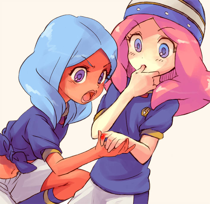 2girls, angry, blue_eyes, blue_hair, bruise, dark_skin, dark-skinned_female, holding_hands