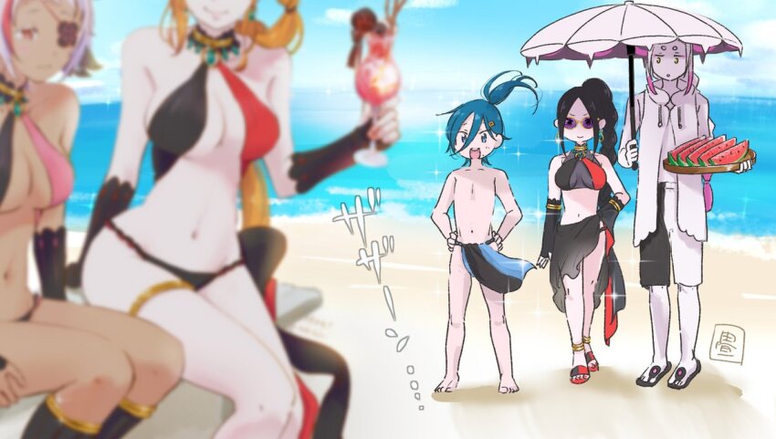 2girls, 3boys, arakiya_(re:zero), bikini, black_bikini, black_hair, cecilus_segmunt, chisha_gold