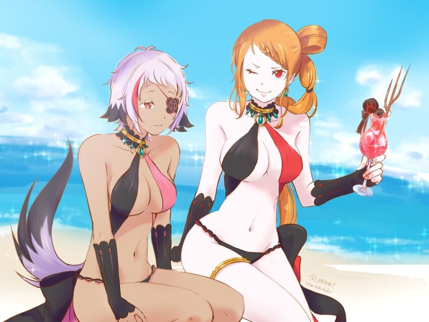 2girls, arakiya_(re:zero), bikini, black_bikini, cup, dark-skinned_female, dark_skin, dog_tail