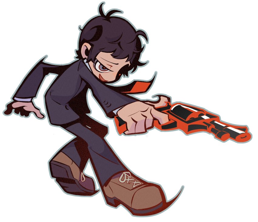 1boy, adachi_tooru, aiming, black_hair, black_suit, brown_footwear, chibi, collared_shirt, evil_smile, formal_clothes, grey_eyes, gun, hashtag-only_commentary, highres, holding, holding_gun, holding_weapon, jacket, long_sleeves, male_focus, necktie, persona, persona_4, red_necktie, red_pupils, sam_(kyaptainkiddo), shaded_face, shirt, short_hair, simple_background, smile, solo, suit, weapon, white_background, white_shirt