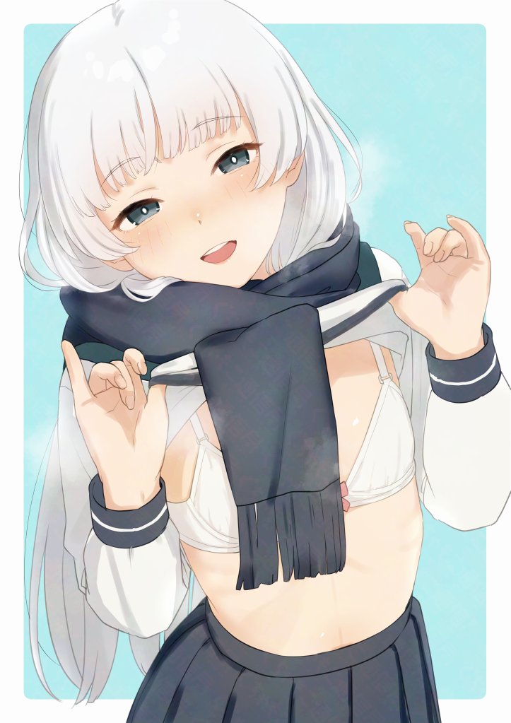 1girl, aqua_background, blue_skirt, blunt_bangs, blush, border, bow, bow_bra, bra, breasts, clothes_lift, commentary_request, cowboy_shot, green_sailor_collar, grey_eyes, kantai_collection, long_hair, long_sleeves, looking_at_viewer, open_mouth, outside_border, pink_bow, pleated_skirt, rounded_corners, sailor_collar, sakiecho, scarf, shirakumo_(kancolle), shirt, shirt_lift, sidelocks, skirt, small_breasts, solo, stomach, teeth, underwear, upper_teeth_only, very_long_hair, white_border, white_bra, white_hair, white_shirt, winter_clothes