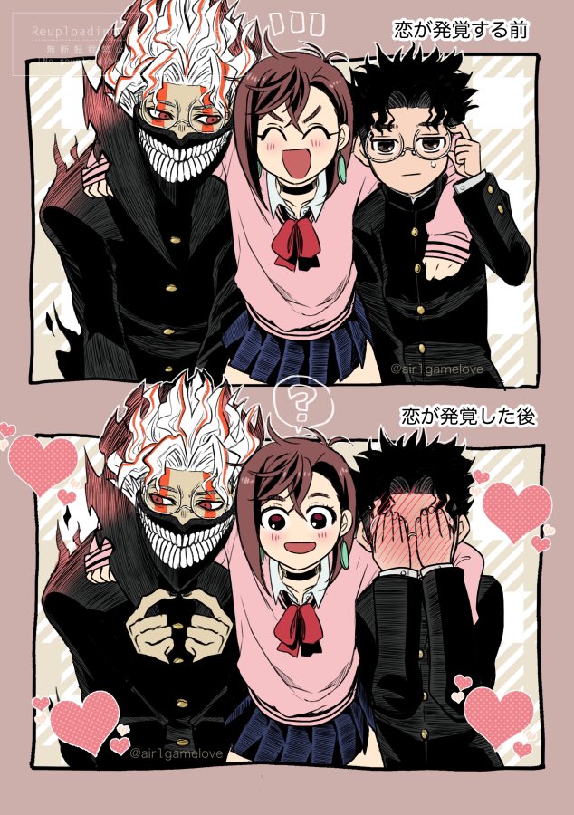 1girl, 2boys, ?, alternate_form, aozora_airu, arm_around_shoulder, ayase_momo, black_choker