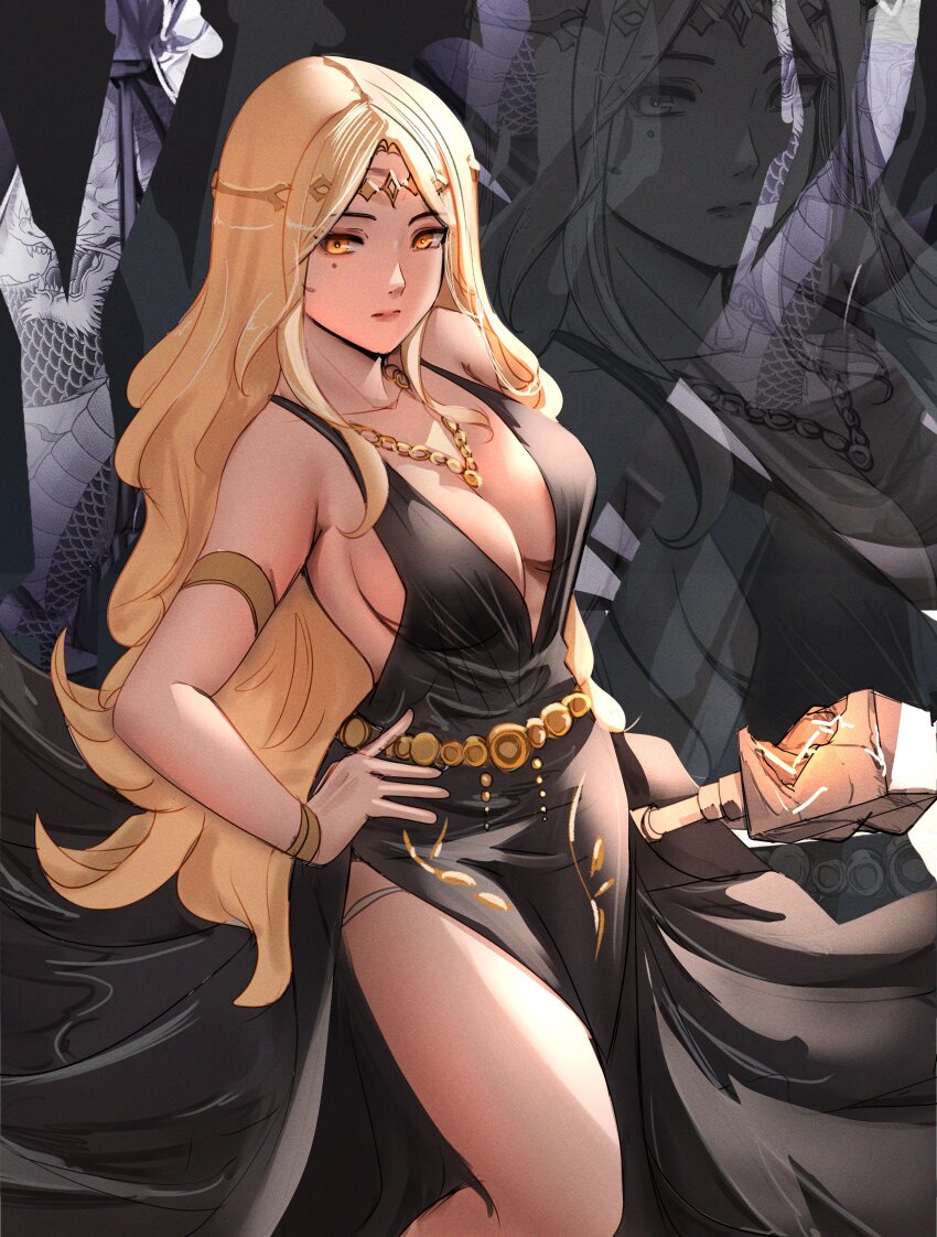 1girl, absurdres, armlet, bare_shoulders, belt, black_dress, bracelet, breasts