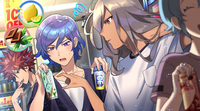 4boys, blue_hair, blue_shirt, blush, brown_eyes, chocolate, collared_shirt, cup