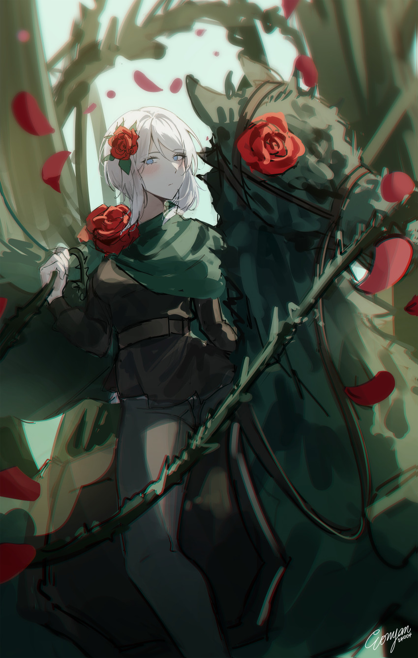 1girl, absurdres, belt, black_jacket, blue_eyes, brown_belt, cape, closed_mouth