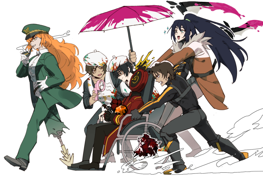 1other, 2girls, 3boys, baihuahua5441, beret, black_eyes, black_hair, blood, brown_hair, clock, collared_shirt, dante_(limbus_company), e.g.o_(project_moon), fire, gameplay_mechanics, gloves, green_jacket, green_pants, grin, hat, heathcliff_(project_moon), highres, holding, holding_umbrella, hong_lu_(project_moon), hook_office_(identity)_(project_moon), ishmael_(project_moon), jacket, limbus_company, long_hair, multiple_boys, multiple_girls, object_head, open_mouth, orange_eyes, orange_hair, orange_jacket, outis_(project_moon), paint_on_clothes, pants, peg_leg, pequod_(identity)_(project_moon), pink_blood, ponytail, project_moon, r_corp._(identity)_(project_moon), ring_(identity)_(project_moon), shirt, sidelocks, smile, umbrella, very_long_hair, walking, white_gloves, white_hat, white_shirt, yi_sang_(project_moon)