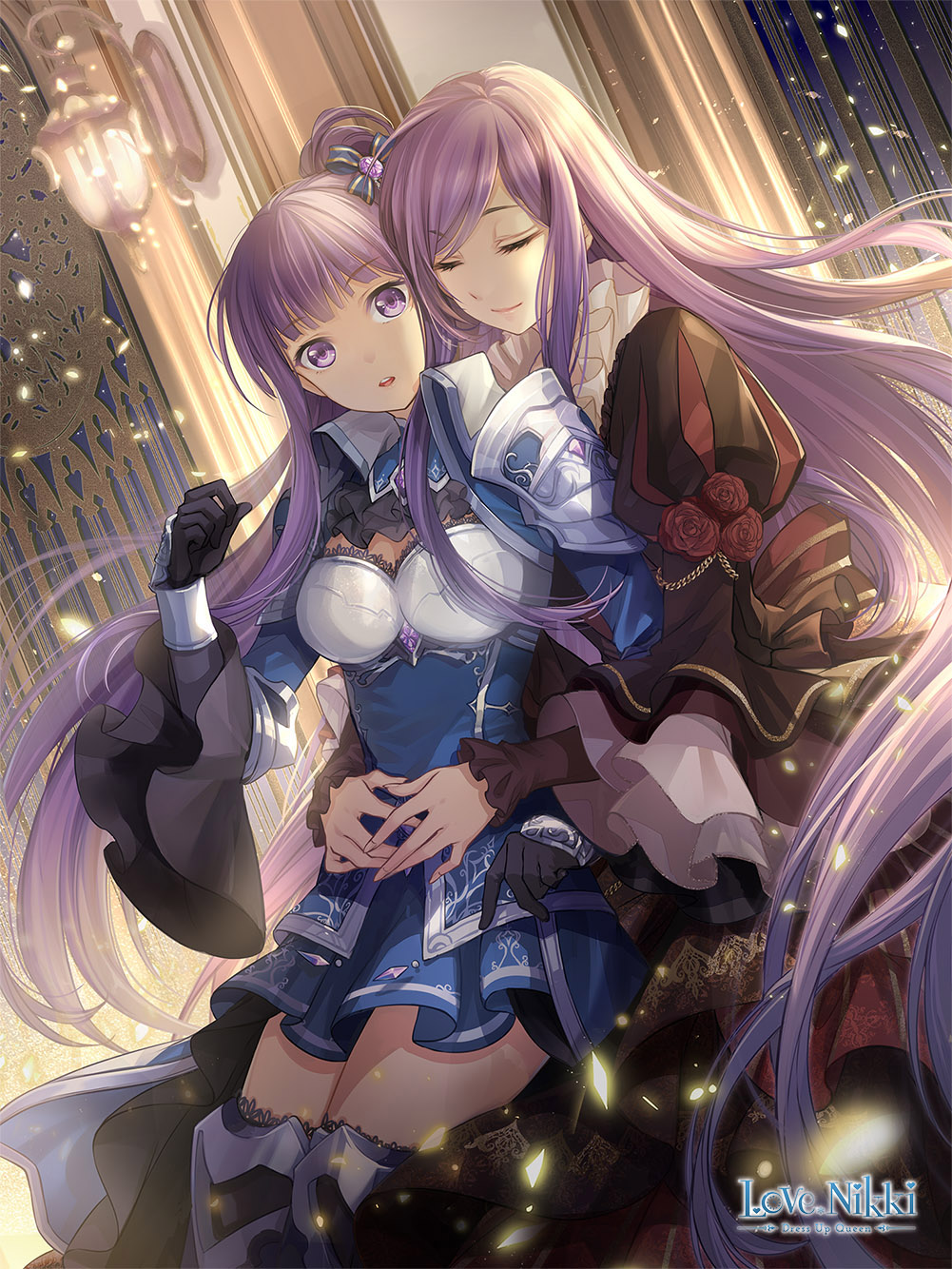 2girls, ace_(miracle_nikki), armor, armored_dress, armored_gloves, armored_legwear, blue_dress, breasts