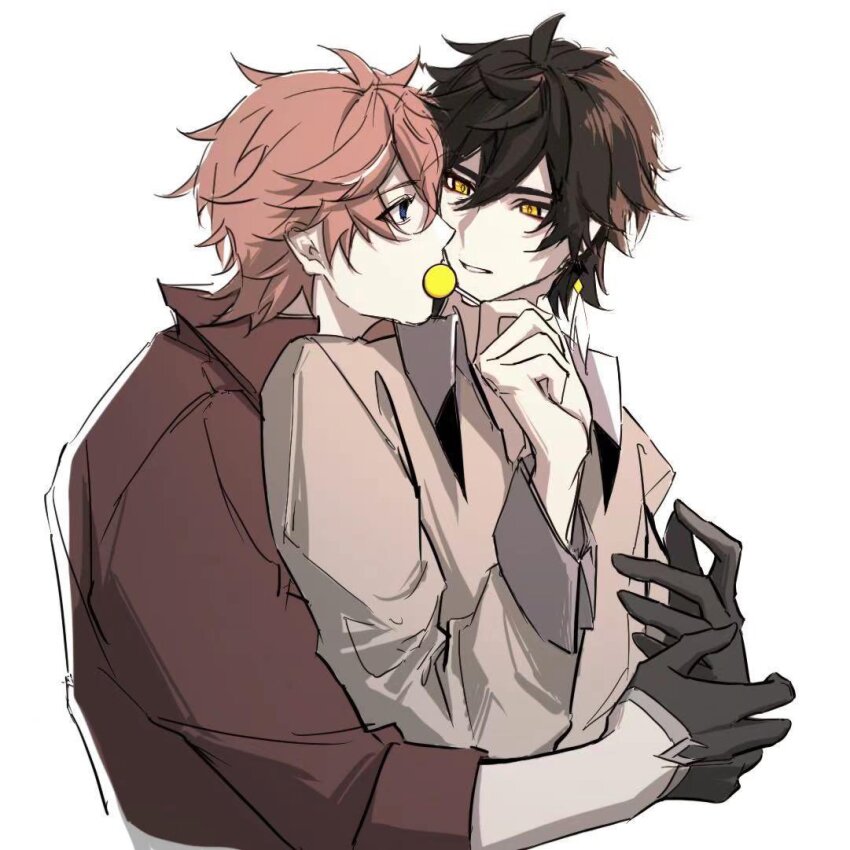 2boys, candy, food, genshin_impact, hug, lollipop, multiple_boys, tartaglia_(genshin_impact)
