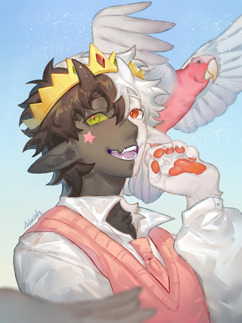 1other, alternate_costume, aluih7, androgynous, animal_hands, animification, bird, black_hair