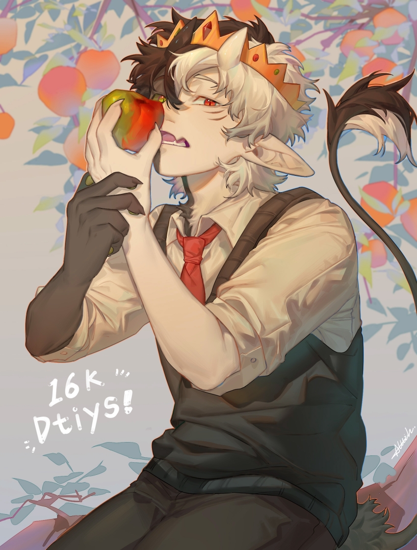 1other, adapted_costume, aluih7, androgynous, animification, apple, black_hair, black_pants