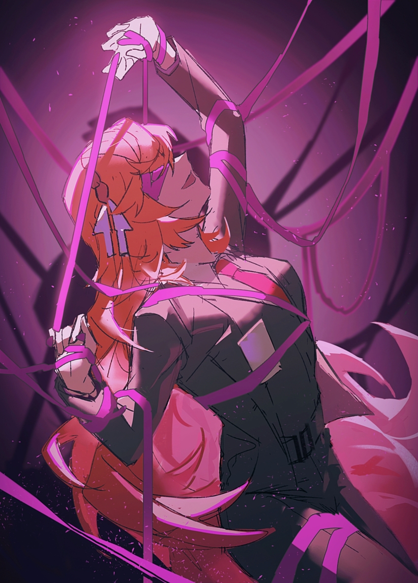 1girl, absurdres, bdsm, black_jacket, black_pants, bondage, bound, bow