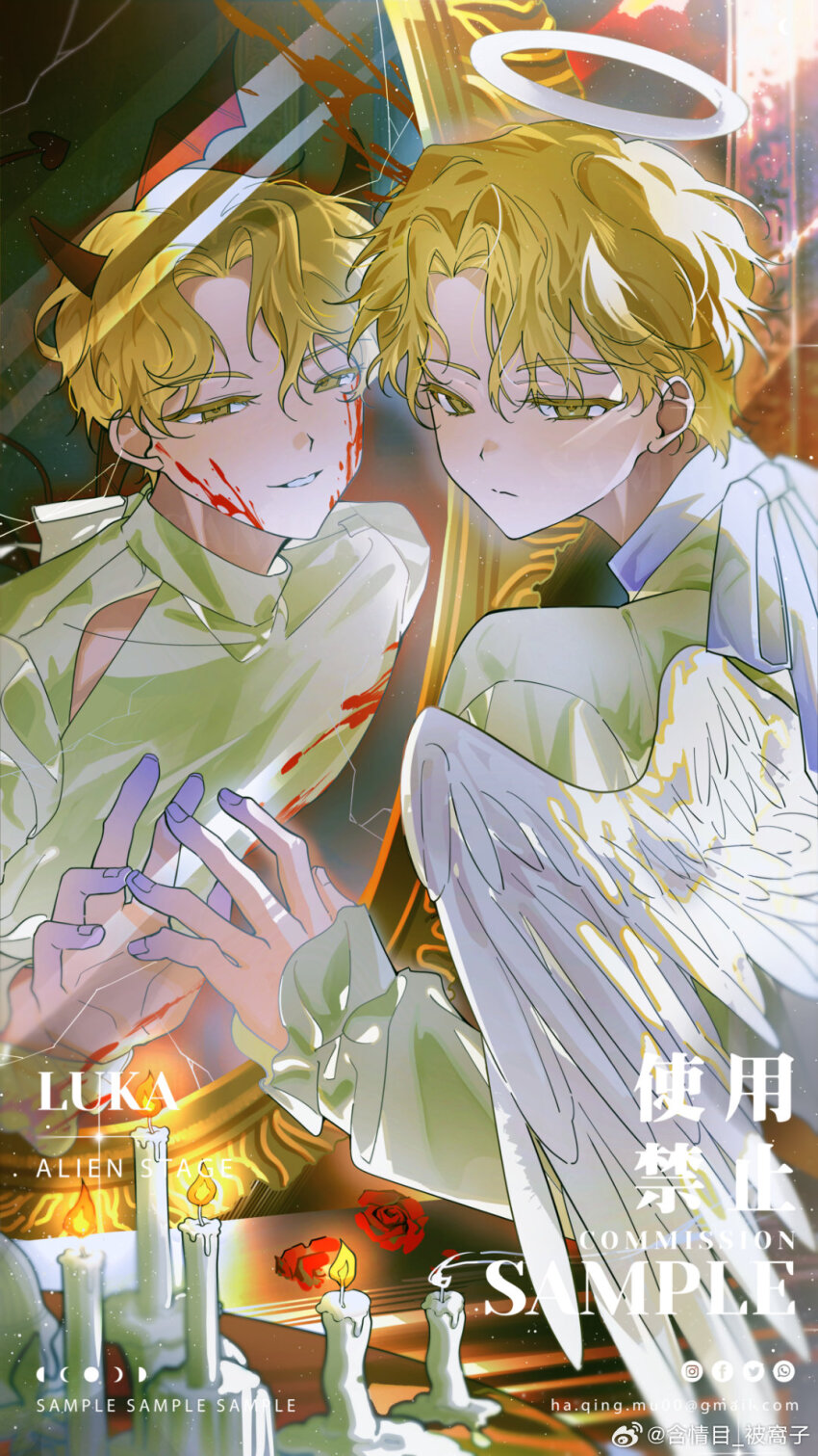 1boy, alien_stage, angel_wings, bishounen, blonde_hair, blood, blood_on_clothes, blood_on_face