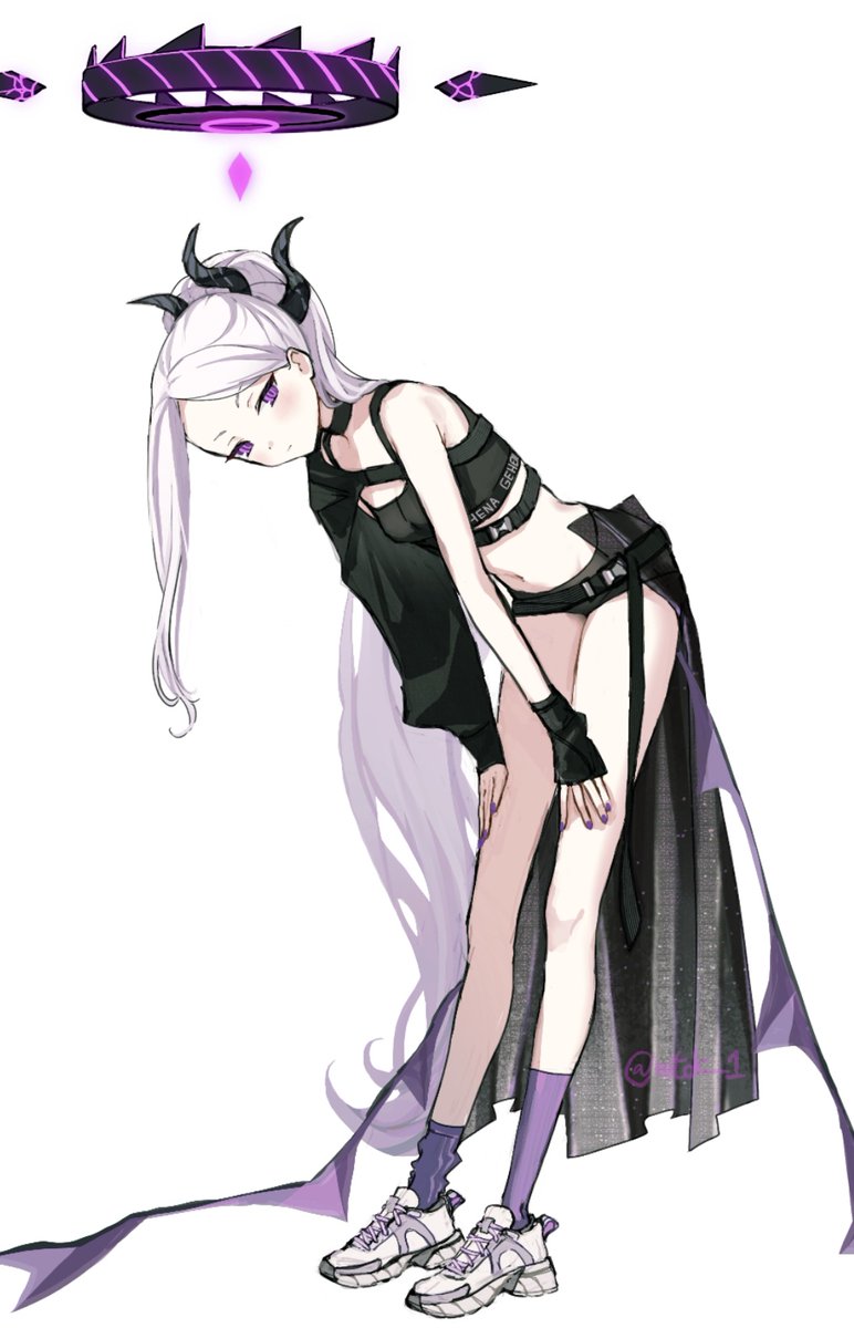 1girl, asymmetrical_sleeves, bare_shoulders, black_choker, black_halo, black_horns, black_shorts, blue_archive