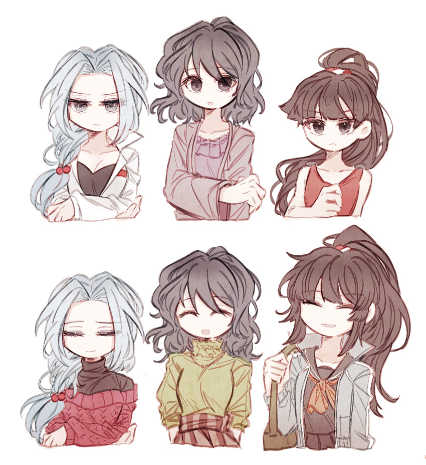 3girls, ^_^, black_hair, black_shirt, black_skirt, blue_hair, bow, bowtie